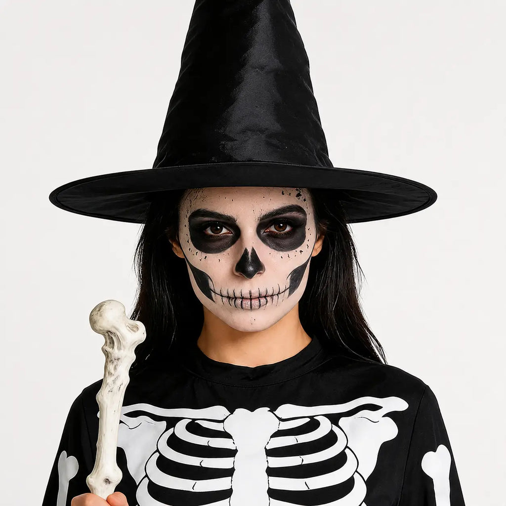 Black witch hat worn with skeleton costume makeup and bone prop for Halloween party, cosplay, and spooky dress-up looks.