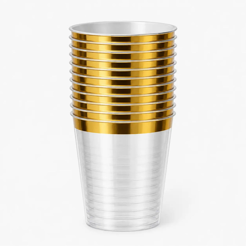 Stack of clear plastic cups with metallic gold stripe around the rim, 10 pieces, isolated on white background