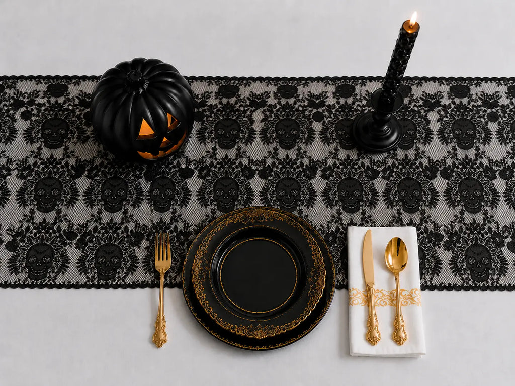 Gothic Halloween black and gold tableware set with skull lace table runner, black pumpkin, candle holder and gold cutlery