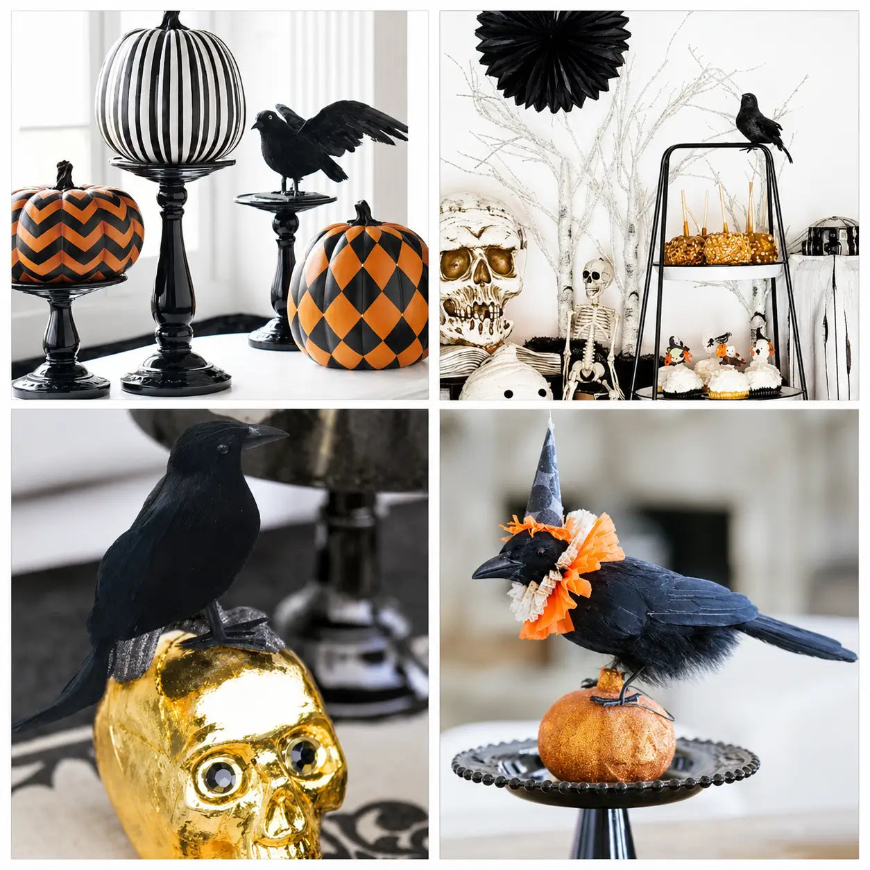 Halloween party scene with black crows on decorative pumpkins, skeletons, and cupcake stands in black and orange theme