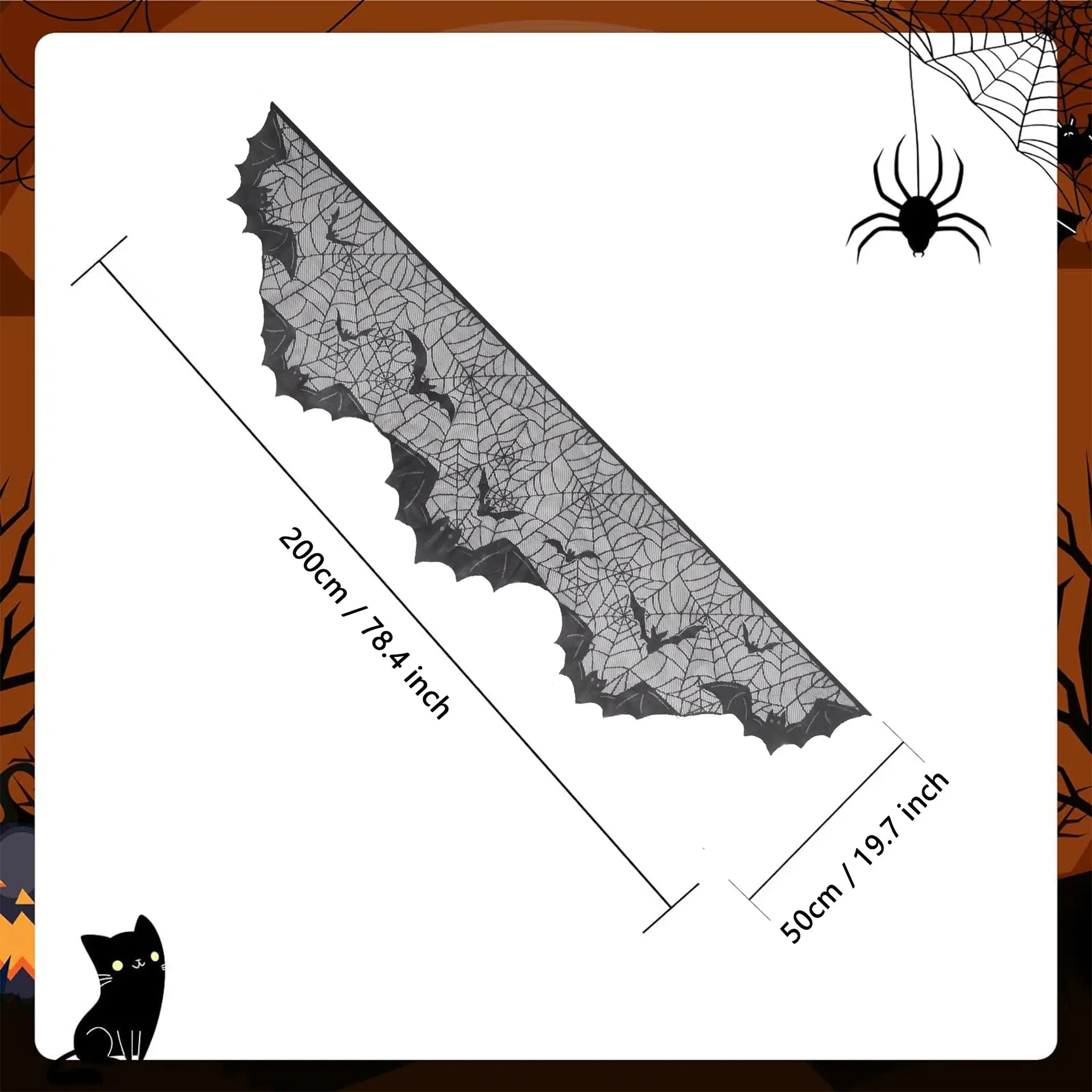Black Halloween spider web mantel scarf showing 200cm by 50cm dimensions, 78.4 inch by 19.7 inch